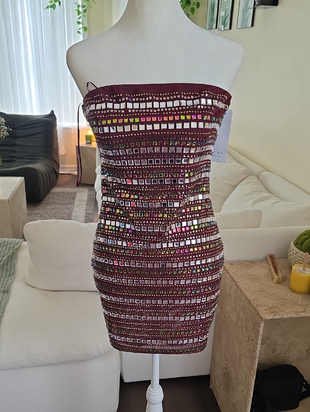 Akira Strapless Sequin Bodycon Party Dress in Burgundy